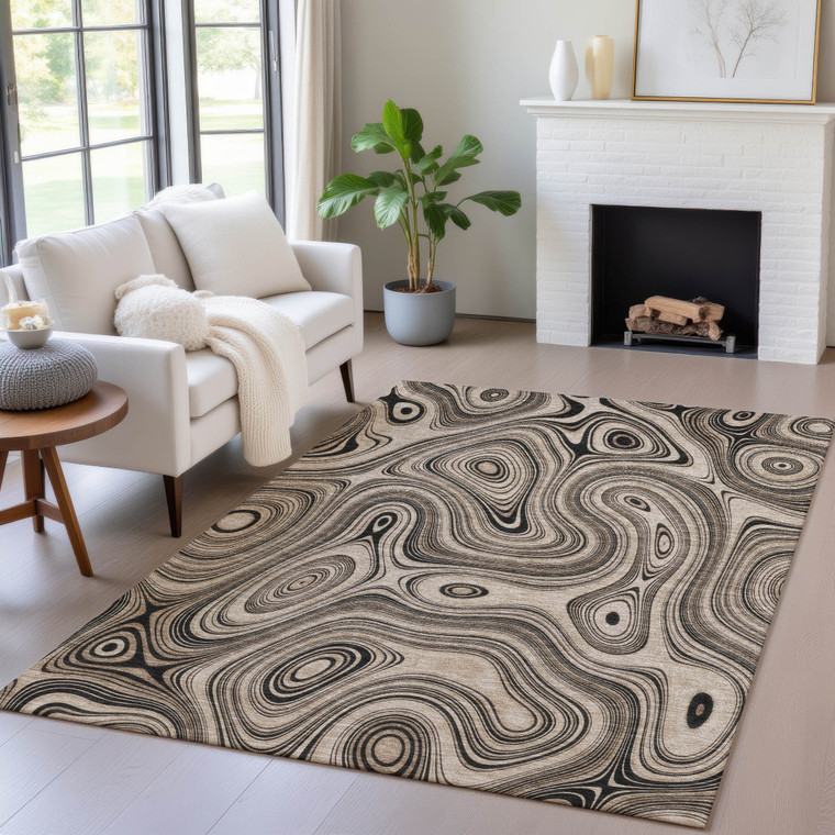 8' X 10' Beige And Charcoal Geometric Washable Indoor Outdoor Area Rug