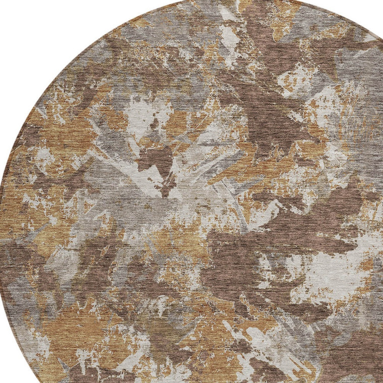 8' Brown Beige And Gray Round Floral Washable Indoor Outdoor Area Rug