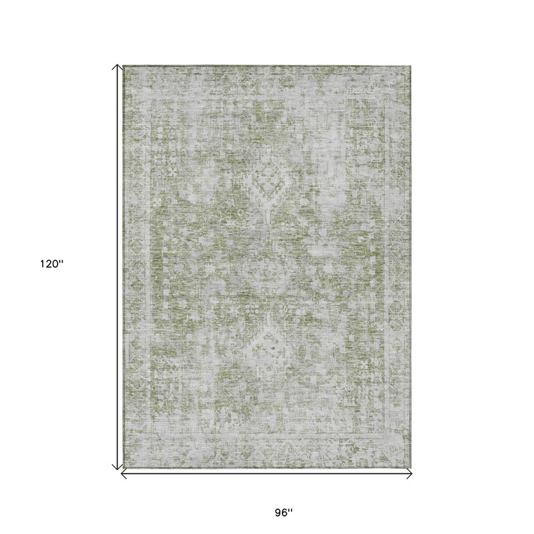 8' X 10' Artichoke Green Oriental Washable Indoor Outdoor Area Rug