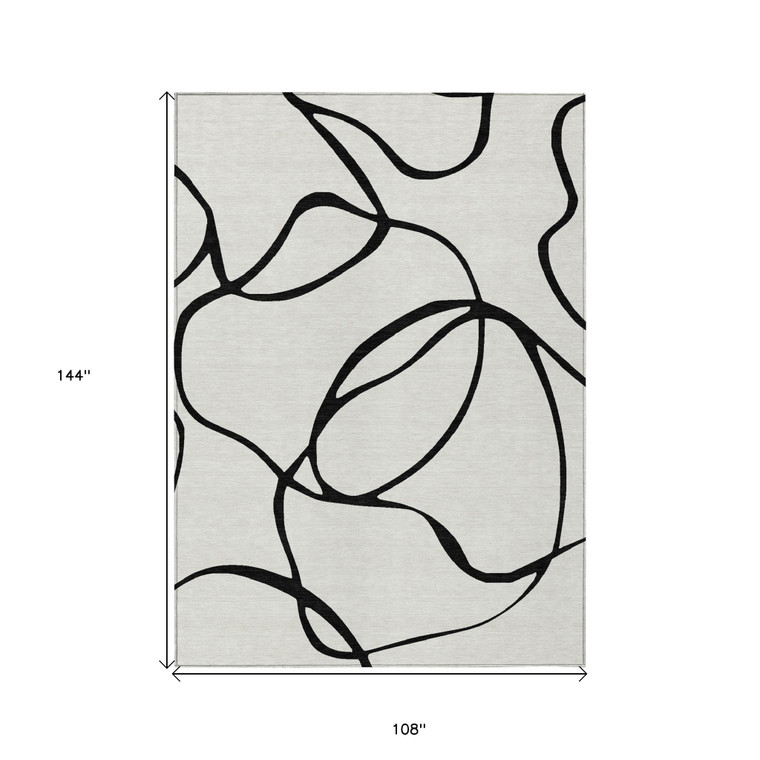 9' X 12' White And Black Abstract Washable Indoor Outdoor Area Rug