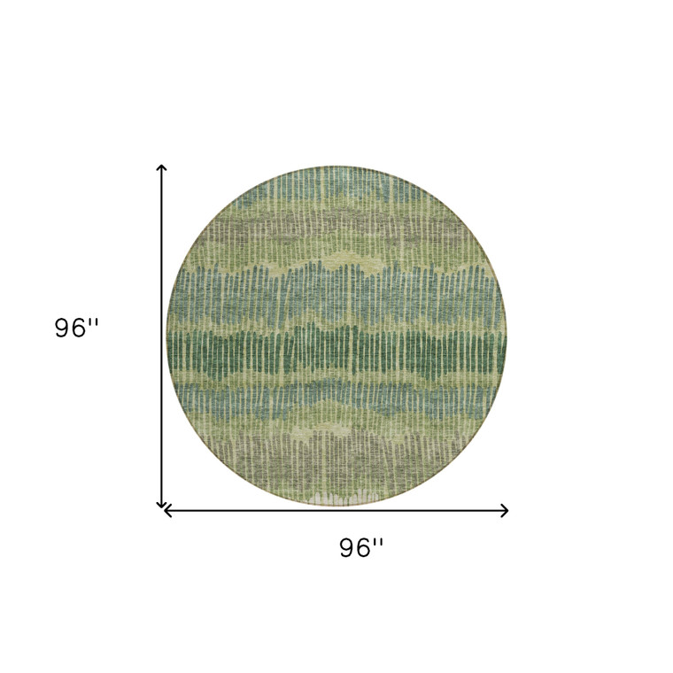 8' Green Gray And Ivory Round Striped Washable Indoor Outdoor Area Rug