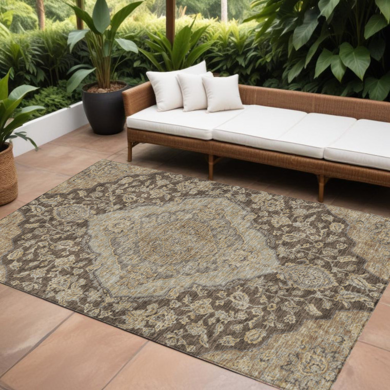 10' X 14' Chocolate Beige And Gray Oriental Washable Indoor Outdoor Area Rug - 880016836059