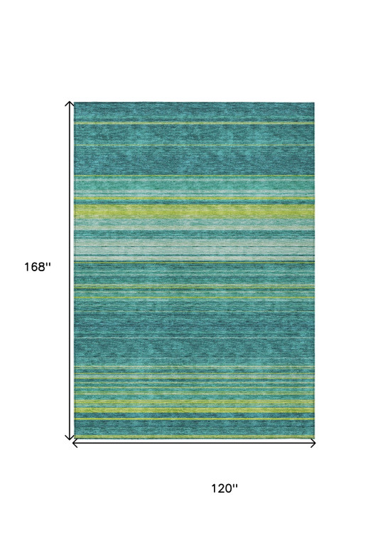 10' X 14' Teal Blue Lime Green And Turquoise Striped Washable Indoor Outdoor Area Rug