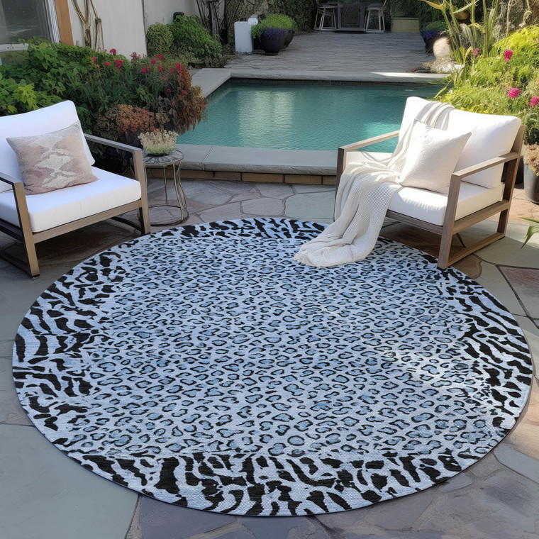 8' Blue Round Animal Print Washable Indoor Outdoor Area Rug
