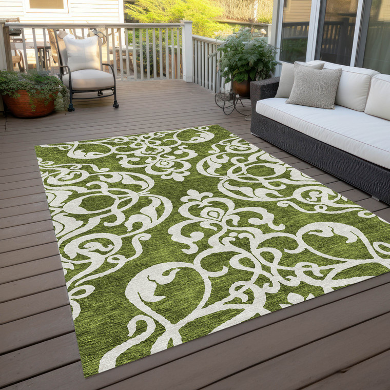 9' X 12' Green And Ivory Damask Washable Indoor Outdoor Area Rug - 880016761917