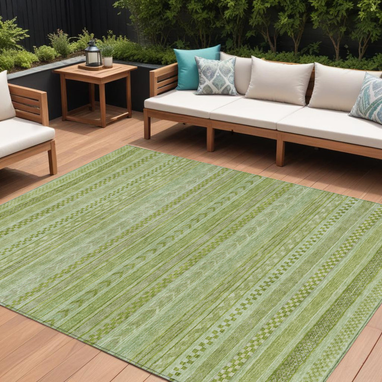 10' X 14' Fern Green And Sage Striped Washable Indoor Outdoor Area Rug