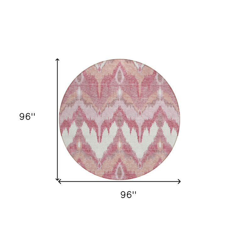8' Blush Mauve And Ivory Round Ikat Washable Indoor Outdoor Area Rug