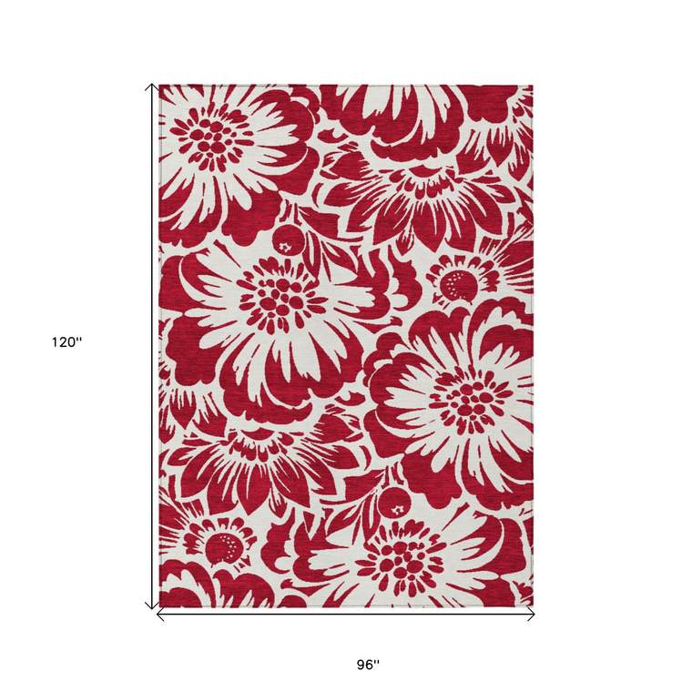 8' X 10' Burgundy and White Floral Washable Non Skid Indoor Outdoor Area Rug