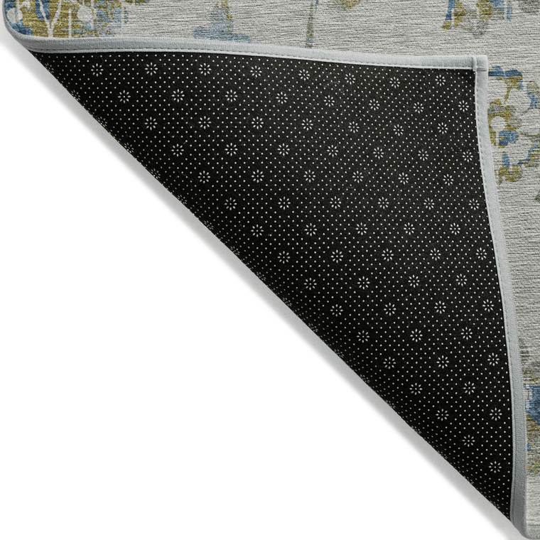 9' X 12' Taupe Navy Blue And Denim Blue Floral Washable Indoor Outdoor Area Rug