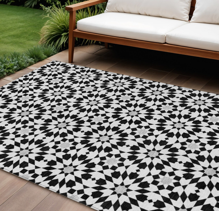 8' X 10' Black Gray And Silver Floral Medallion Washable Indoor Outdoor Area Rug