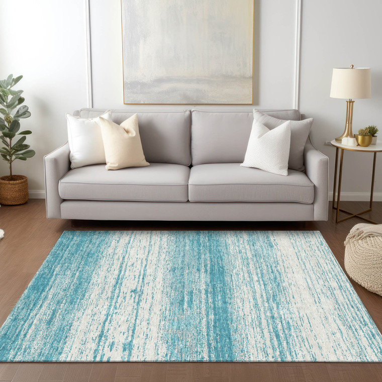 10' X 14' Teal Blue And Ivory Striped Washable Indoor Outdoor Area Rug - 608219342579