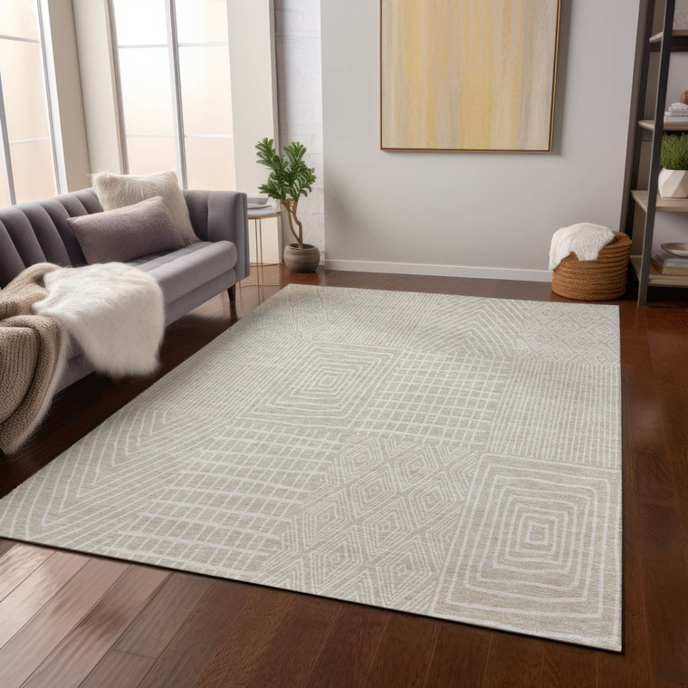 9' X 12' Beige And Ivory Geometric Washable Indoor Outdoor Area Rug Transitional Style - Beige, Ivory Color