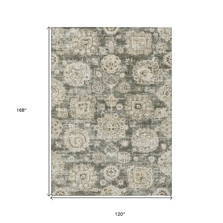10' X 14' Taupe Beige And Gray Floral Washable Indoor Outdoor Area Rug - Taupe, Beige, Gray