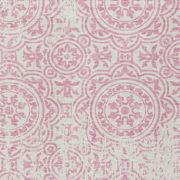9' X 12' Pink And Ivory Medallion Washable Indoor Outdoor Area Rug