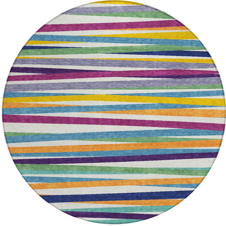 8' Blue Green And Copper Round Striped Washable Indoor Outdoor Area Rug