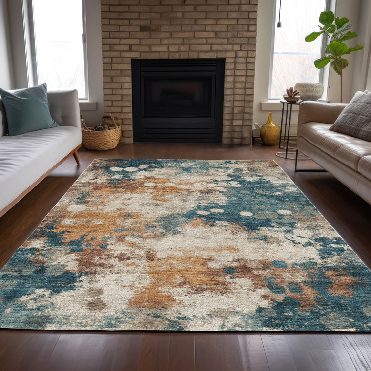 10' X 14' Teal Blue And Copper Abstract Washable Indoor Outdoor Area Rug - Teal Blue, Copper