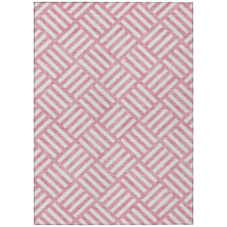 9' X 12' Pink And Ivory Geometric Washable Indoor Outdoor Area Rug Transitional Style - Pink, Ivory Color