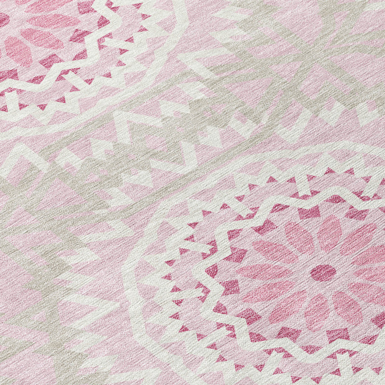 9' X 12' Pink Blush And Ivory Floral Medallion Washable Indoor Outdoor Area Rug