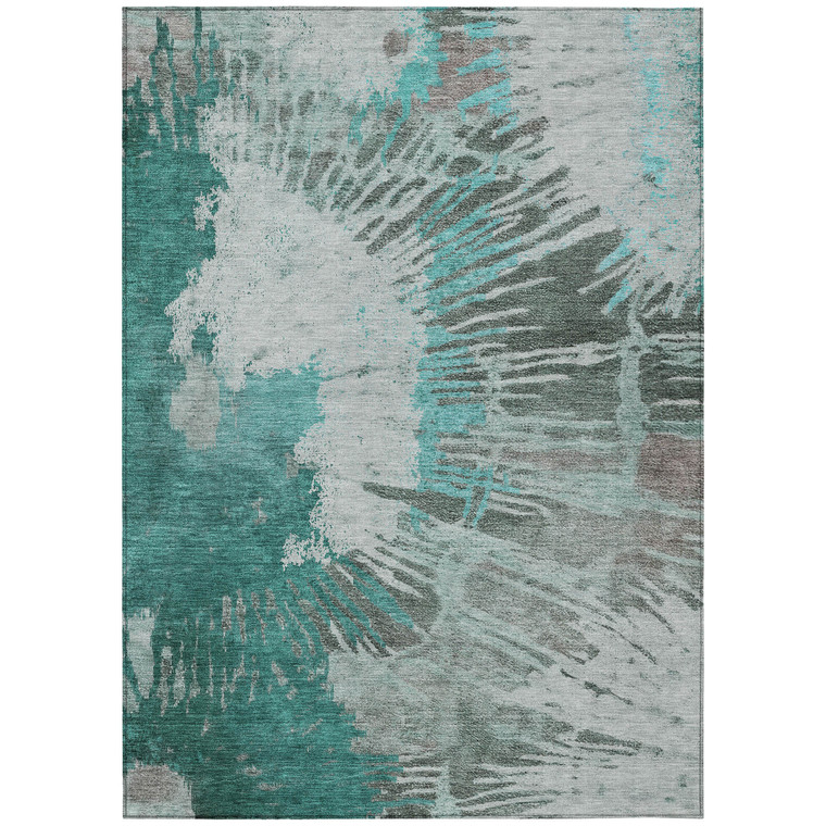 9' X 12' Dark Green Aqua And Gray Abstract Washable Indoor Outdoor Area Rug