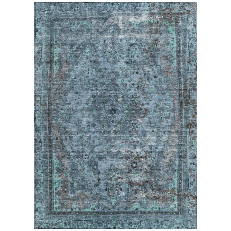 9' X 12' Blue And Gray Medallion Washable Indoor Outdoor Area Rug
