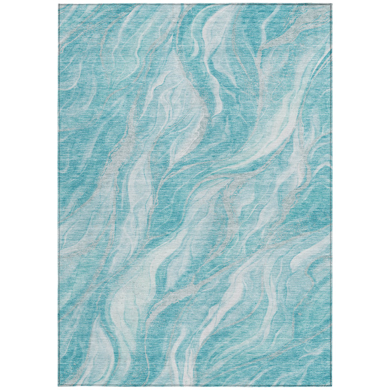 8' X 10' Teal Blue Aqua And Ivory Abstract Washable Indoor Outdoor Area Rug