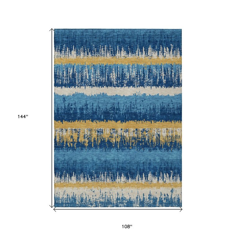 9' X 12' Navy Blue Gold And Ivory Striped Washable Indoor Outdoor Area Rug