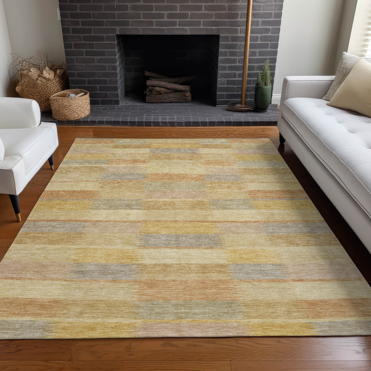 10' X 14' Wheat Beige And Gold Striped Washable Indoor Outdoor Area Rug
