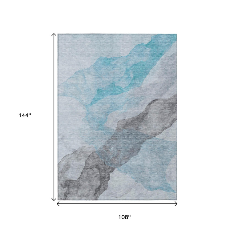 9' X 12' Teal Blue And Gray Abstract Washable Indoor Outdoor Area Rug - Teal Blue, Gray
