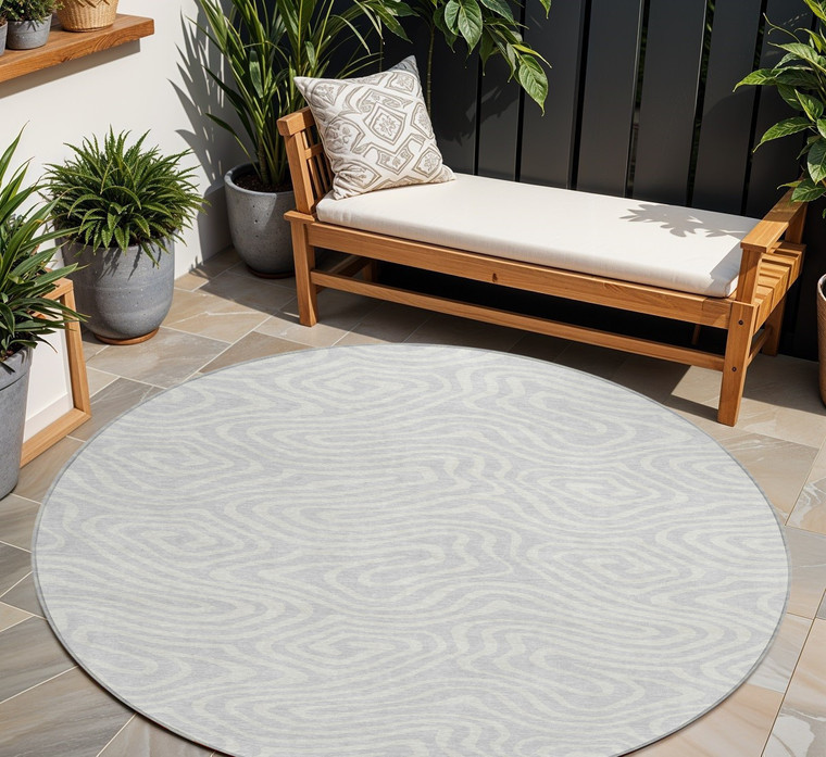 8' Silver And Gray Round Abstract Washable Indoor Outdoor Area Rug - 608219138660