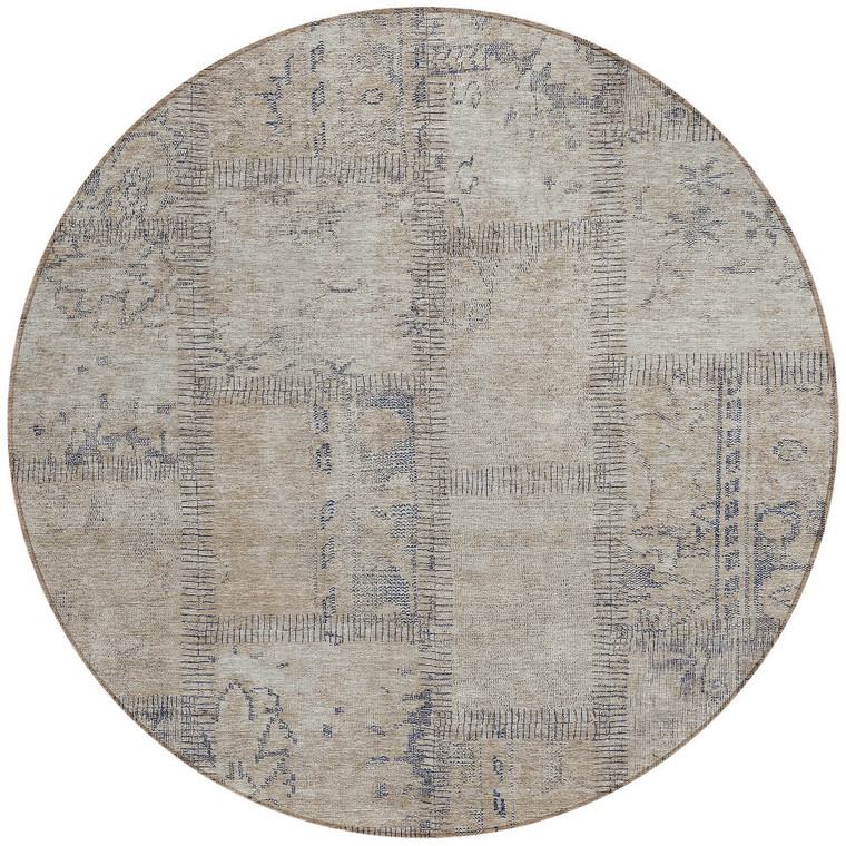 8' Beige Taupe And Brown Round Patchwork Washable Indoor Outdoor Area Rug