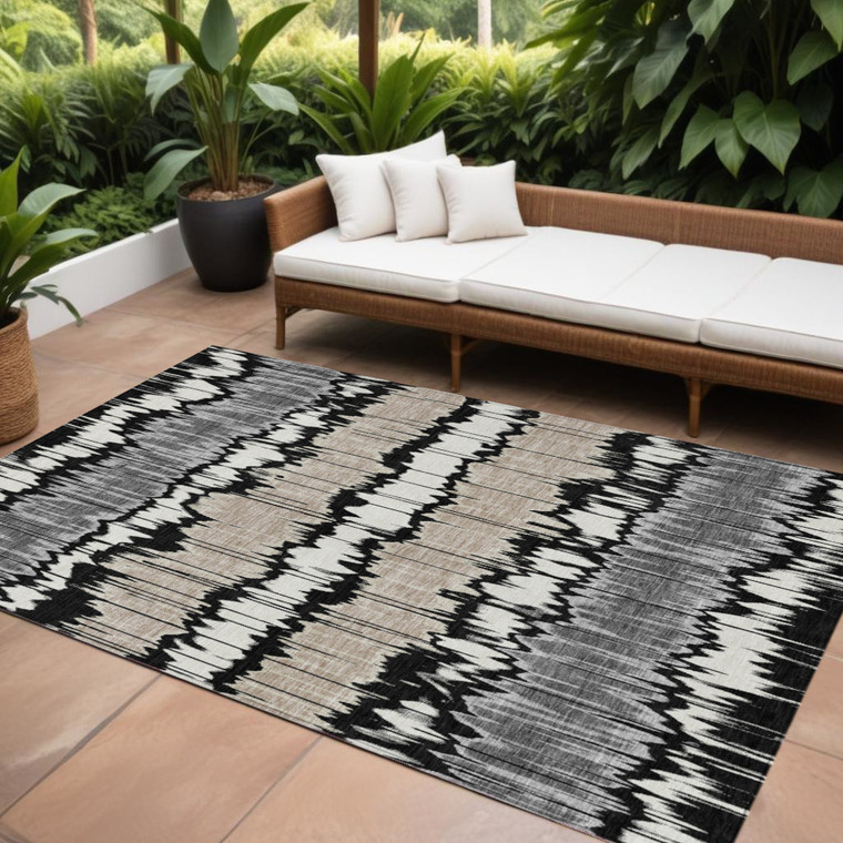 10' X 14' Black Silver And Gray Striped Washable Indoor Outdoor Area Rug