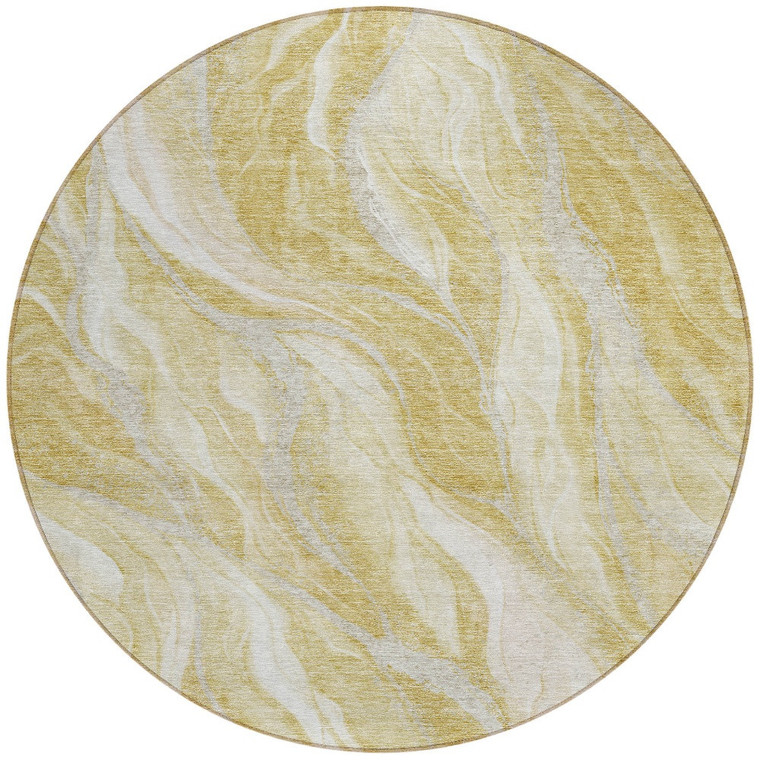 8' Gold Beige And Ivory Round Abstract Washable Indoor Outdoor Area Rug