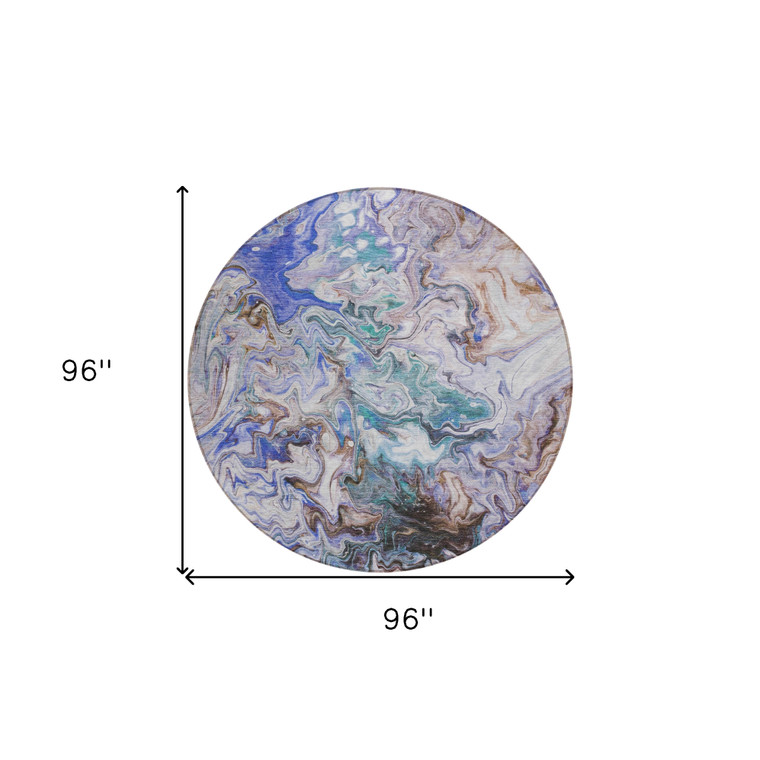 8' Beige Blue And Taupe Round Abstract Washable Indoor Outdoor Area Rug