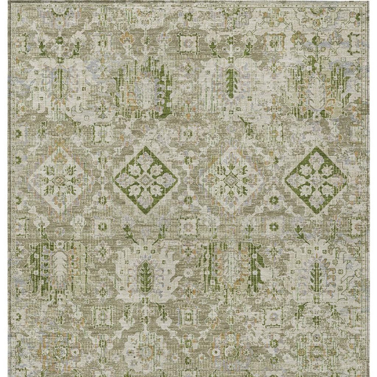 10' X 14' Fern Green And Beige Floral Medallion Washable Indoor Outdoor Area Rug