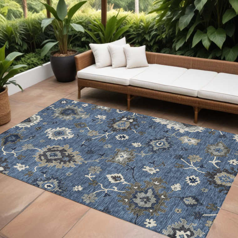 10' X 14' Blue Gray And White Floral Washable Indoor Outdoor Area Rug