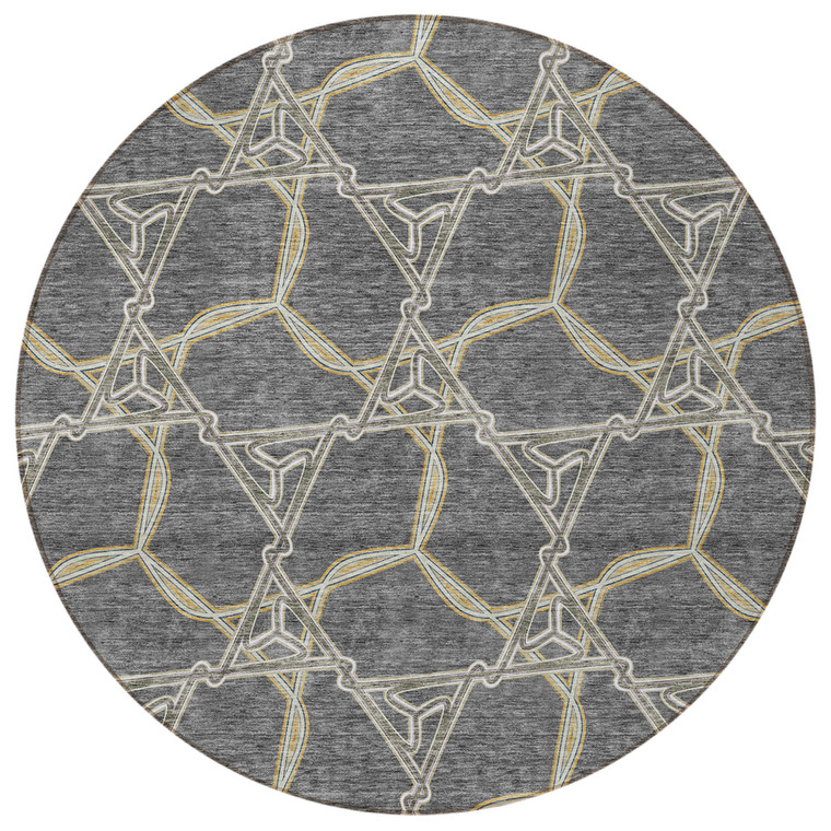 8' Charcoal And Gold Round Geometric Washable Indoor Outdoor Area Rug