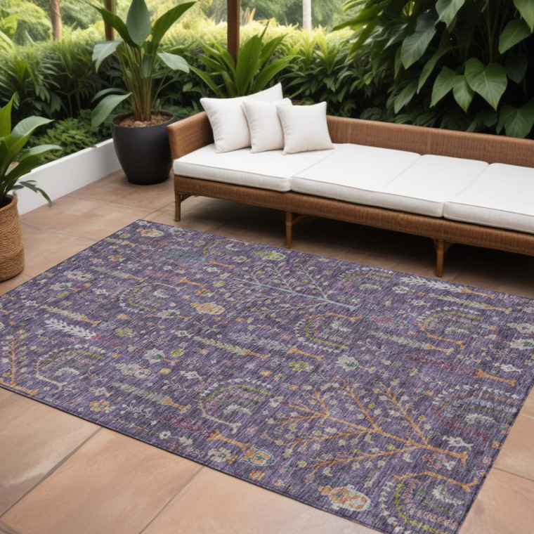 10' X 14' Eggplant Terra Cotta And Green Floral Washable Indoor Outdoor Area Rug