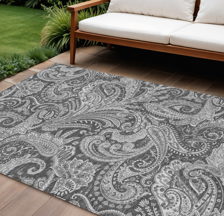 9' X 12' Gray Charcoal And Ivory Paisley Washable Indoor Outdoor Area Rug