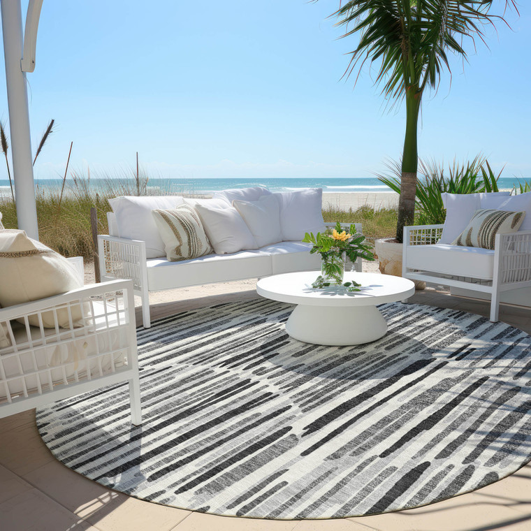 8' Gray Ivory And Charcoal Round Abstract Washable Indoor Outdoor Area Rug