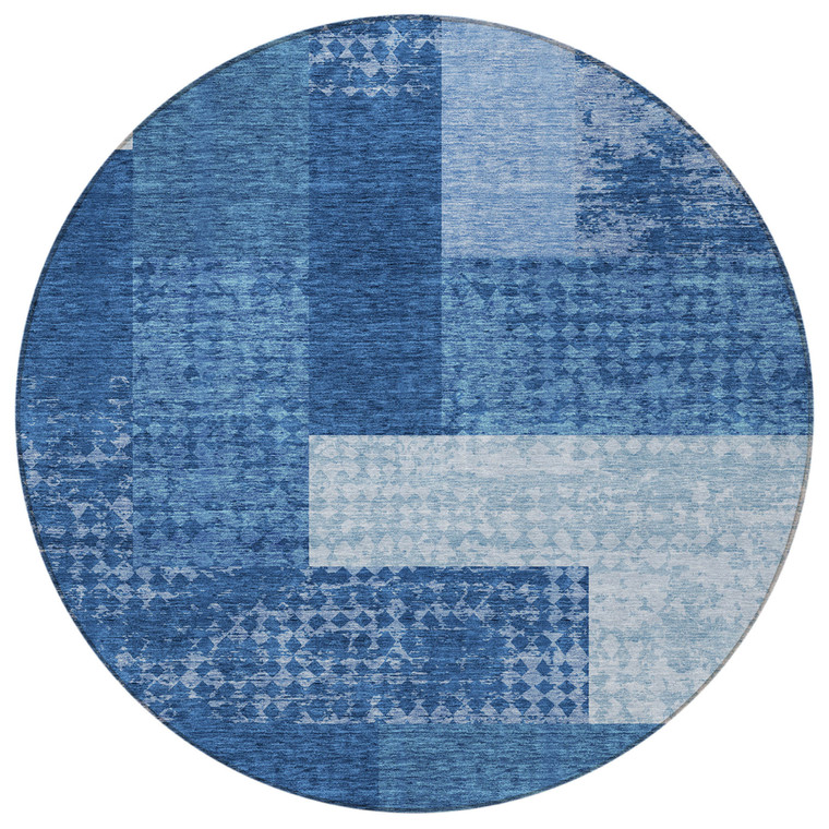 8' Navy Blue And Sky Blue Round Geometric Washable Indoor Outdoor Area Rug Transitional Style - Navy Blue, Sky Blue Color