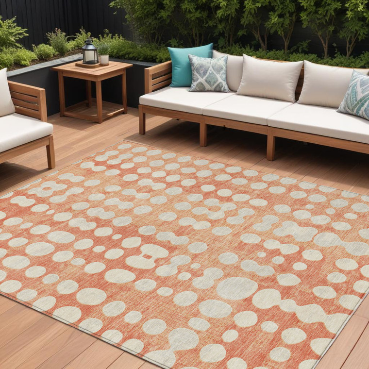 8' X 10' Coral And Ivory Abstract Washable Indoor Outdoor Area Rug