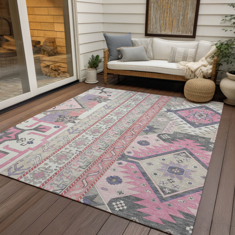 8' X 10' Pink Gray And Ivory Aztec Washable Indoor Outdoor Area Rug