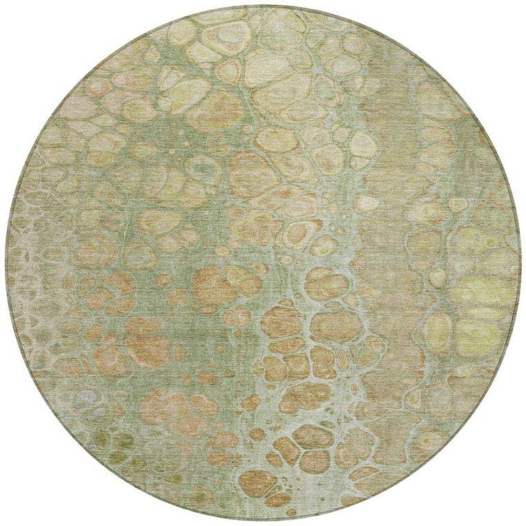 8' Artichoke Green And Beige Round Abstract Washable Indoor Outdoor Area Rug - Artichoke Green, Beige
