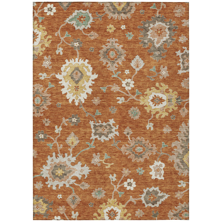 9' X 12' Orange Ivory And Gray Floral Washable Indoor Outdoor Area Rug
