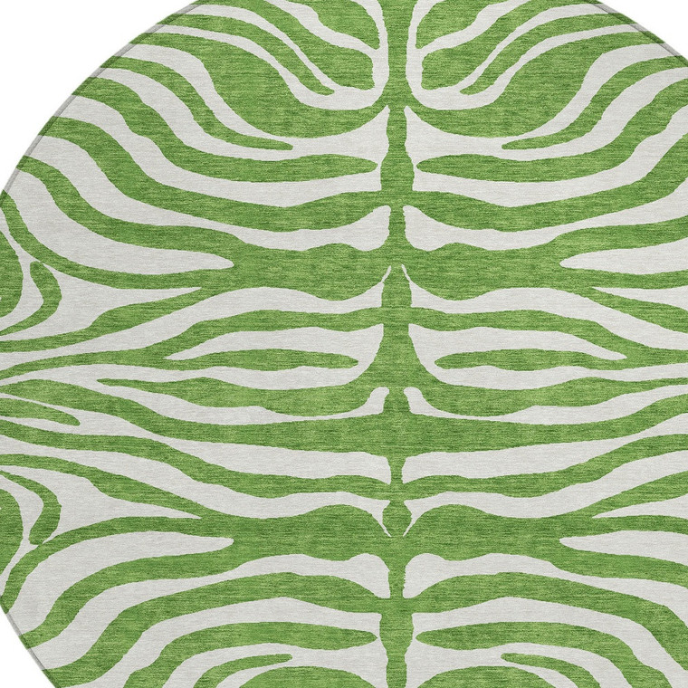8' Green And Ivory Round Animal Print Washable Indoor Outdoor Area Rug