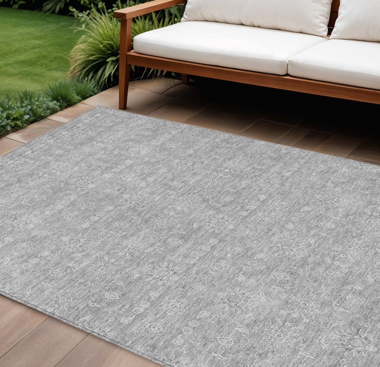 8' X 10' Gray Silver And Ivory Floral Washable Indoor Outdoor Area Rug