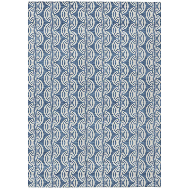 10' X 14' Denim Blue And Ivory Ogee Washable Indoor Outdoor Area Rug