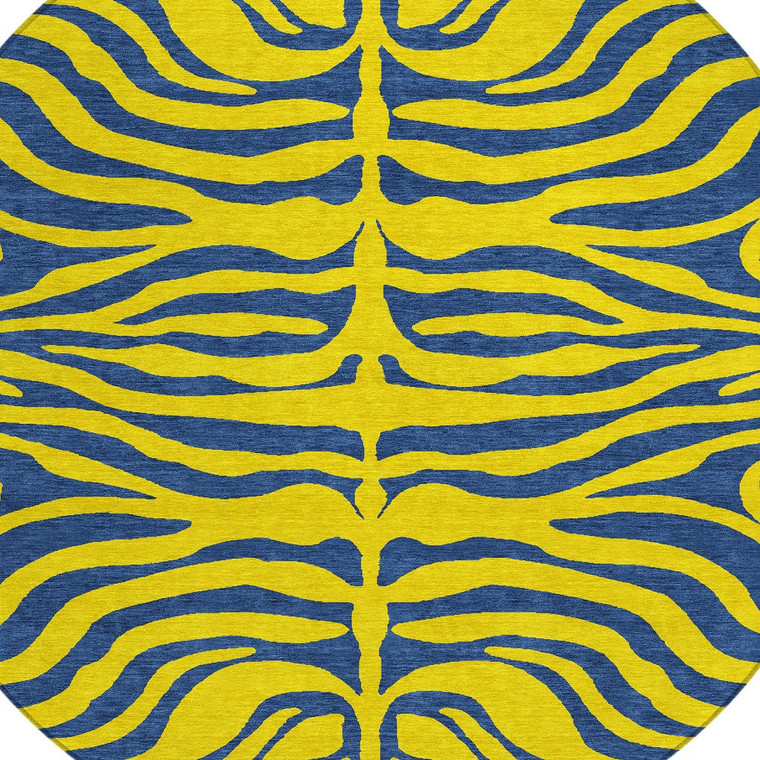 8' Yellow And Blue Round Animal Print Washable Indoor Outdoor Area Rug