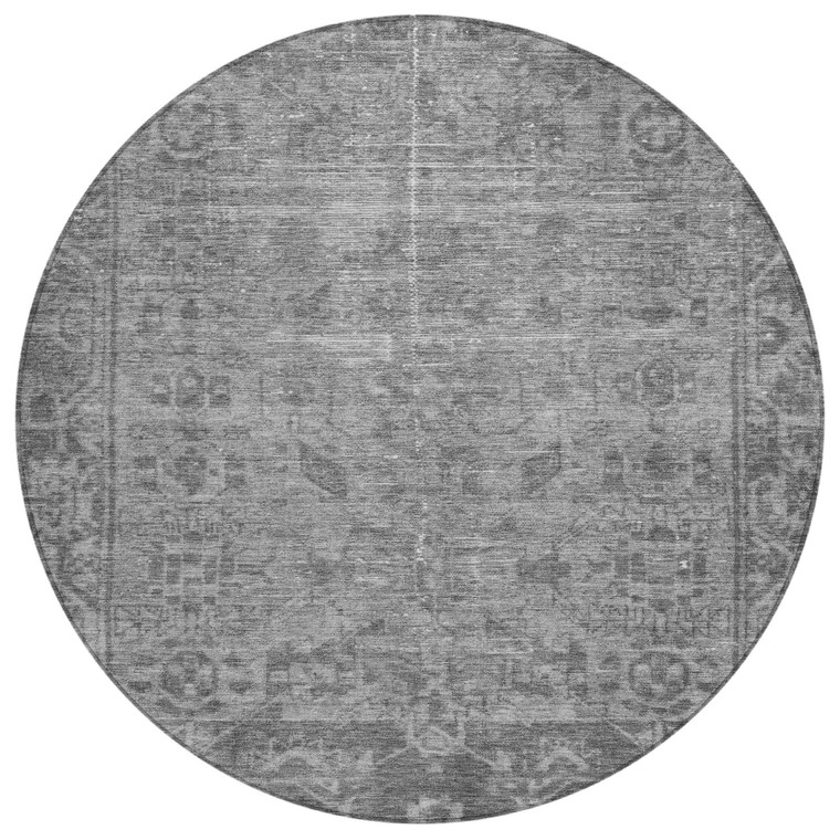 8' Gray Round Oriental Washable Indoor Outdoor Area Rug - Gray