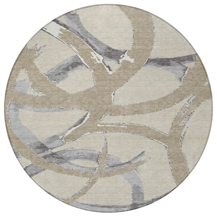 8' Beige Ivory And Gray Round Abstract Washable Indoor Outdoor Area Rug